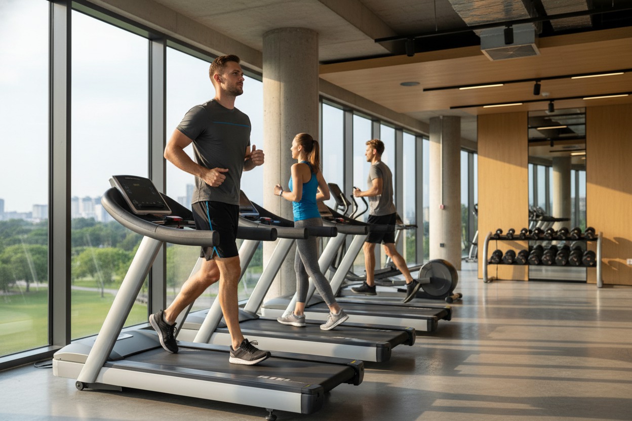 Athlete running on a commercial treadmill in a row of cardio machines, large windows showing daylight, clean modern gym