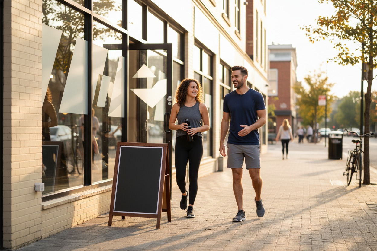 Boutique fitness studio storefront on a commercial street, painted window graphics, an A-frame sign on the sidewalk, warm afternoon sunlight