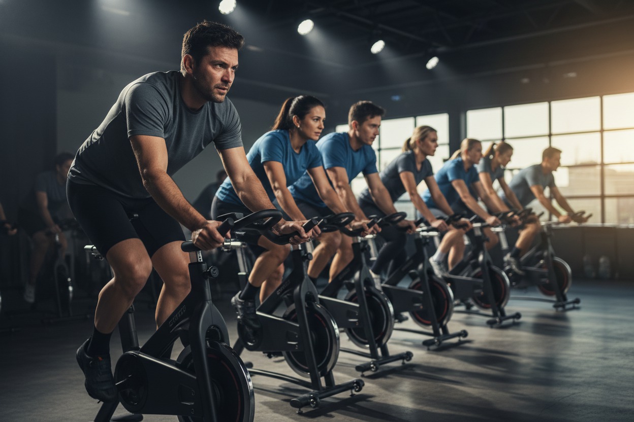 Cyclist pedaling hard on a stationary bike during a spin class, sweat on brow, row of other riders behind, dramatic overhead spotlights
