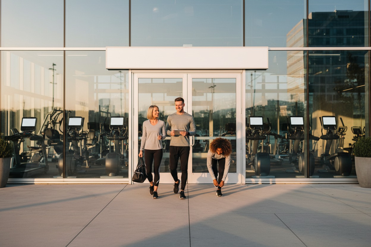 Fitness center exterior with a glass facade showing cardio equipment inside, branded signage above the entrance, late afternoon sun