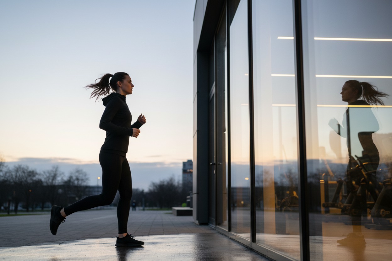 Fitness studio exterior at dawn, glass windows glowing with interior light, a lone jogger passing outside, pale blue pre-sunrise sky filling the top two-thirds for text placement