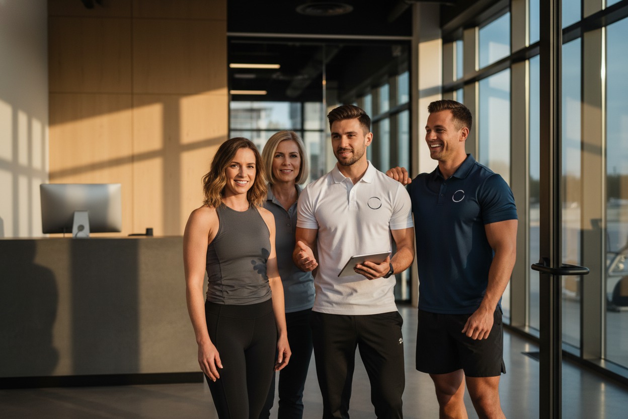 Fitness studio team of four — trainers and reception staff — standing in the gym entrance, athletic wear and branded polos, relaxed natural smiles, bright lobby lighting