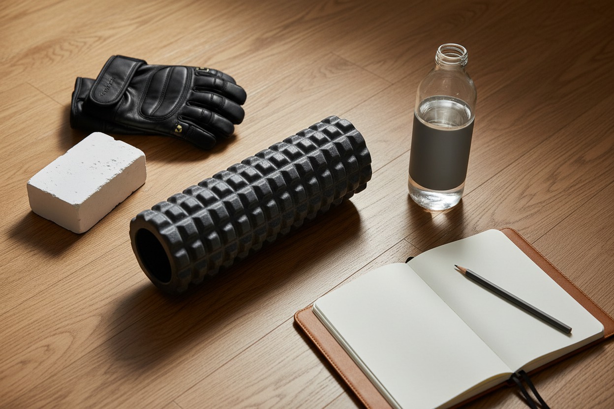 Flat lay of gym bag contents — lifting gloves, foam roller, chalk block, water bottle, and a training journal — spread on a wood floor, soft overhead light, no people