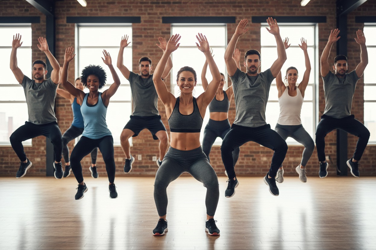 Group fitness class of eight participants mid-workout doing synchronized squat jumps, arms raised, instructor at the front leading, energetic gym lighting, wide-angle lens
