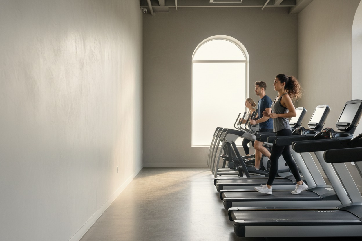 Gym interior with rows of cardio machines receding into the background on the right, left third an expanse of pale grey wall with open negative space for text overlay, bright clean morning light