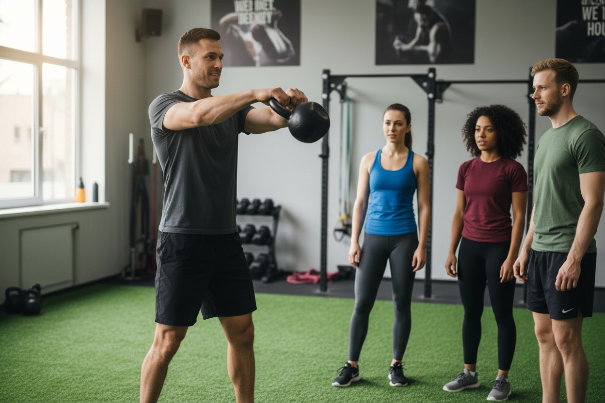 Male fitness coach demonstrating a kettlebell swing to a small group of clients, mid-swing with the kettlebell at chest height, clients watching attentively, gym turf floor, natural window light