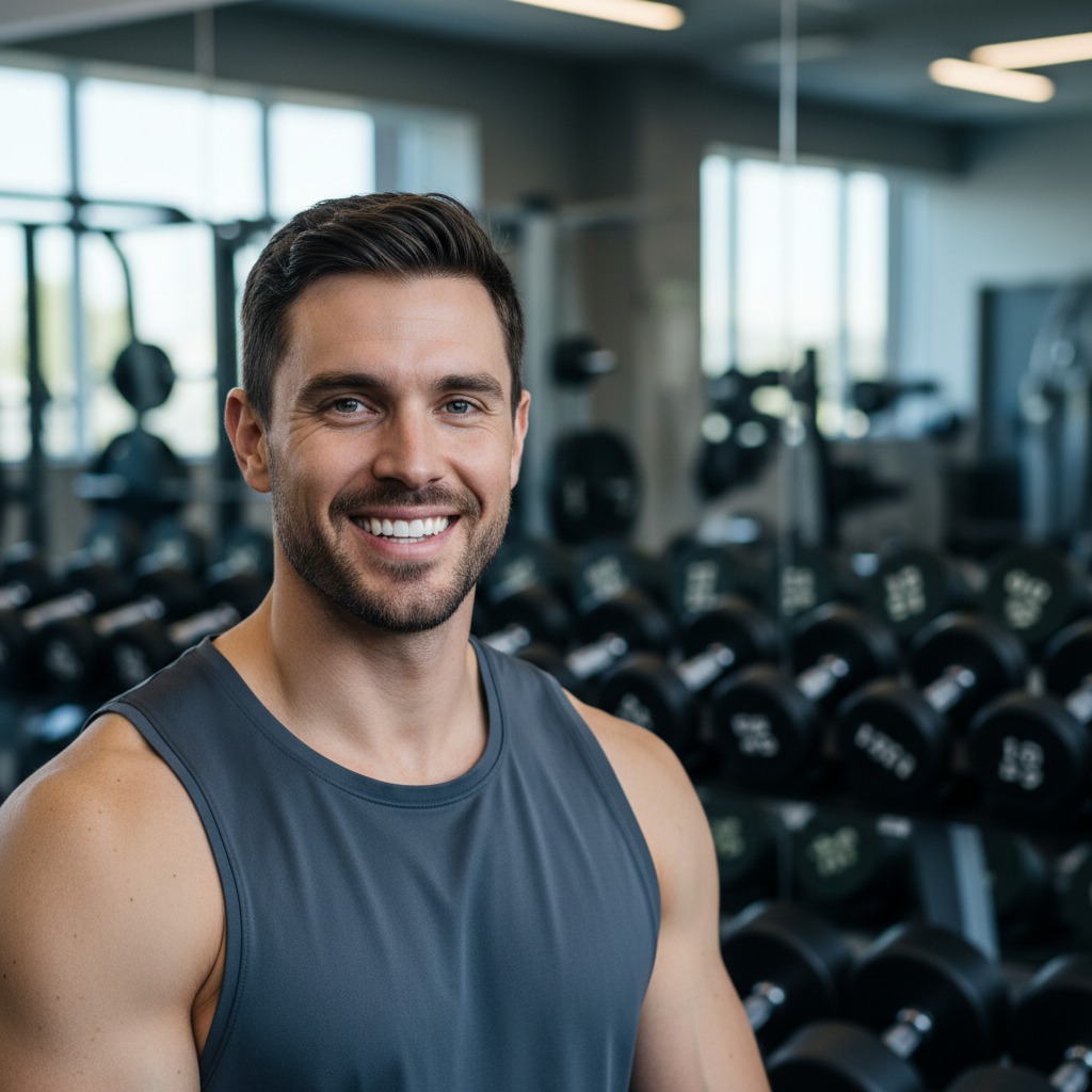 Male fitness coach in a branded gym tank top, square crop shoulders-up, strong encouraging expression, a weight rack and mirrors behind, cool gym lighting