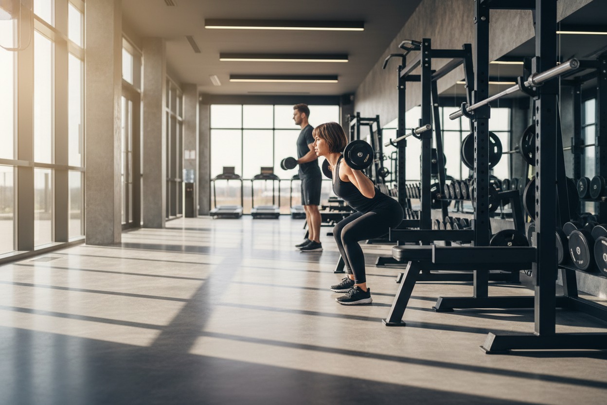 Open gym floor with open negative space on one side for text overlay, weight racks and benches on the opposite side, bright even lighting