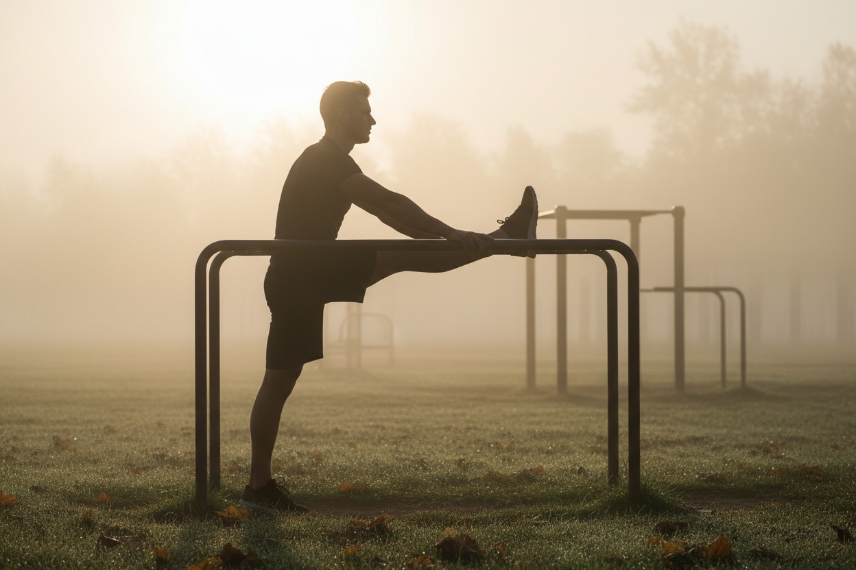 Outdoor fitness park at a misty autumn dawn, dew on the grass, a lone silhouette stretching by parallel bars, pale golden light just breaking through the fog, atmospheric and motivational