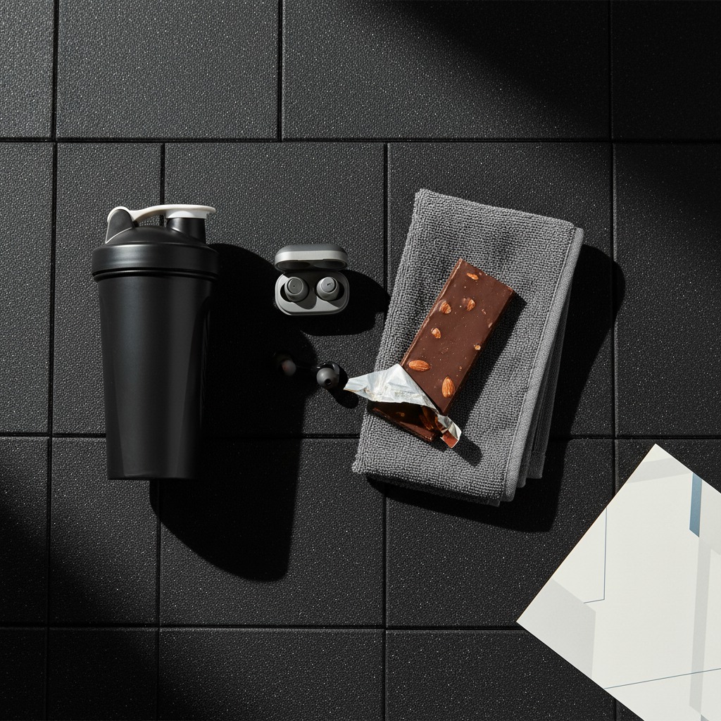 Overhead square flat-lay of workout essentials — a shaker bottle, wireless earbuds, a protein bar, a hand towel, and a printed workout card on a gym rubber floor, soft overhead light