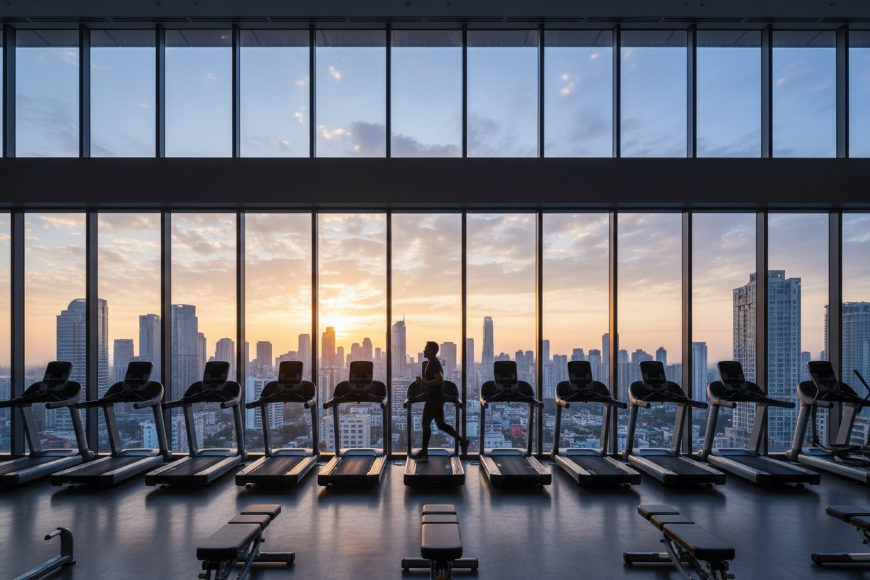 Panoramic interior of a high-end gym at dawn, floor-to-ceiling windows revealing a city skyline in first light, rows of equipment in perfect alignment, a lone figure on a treadmill silhouetted against the glowing skyline, bright sky providing upper negative space