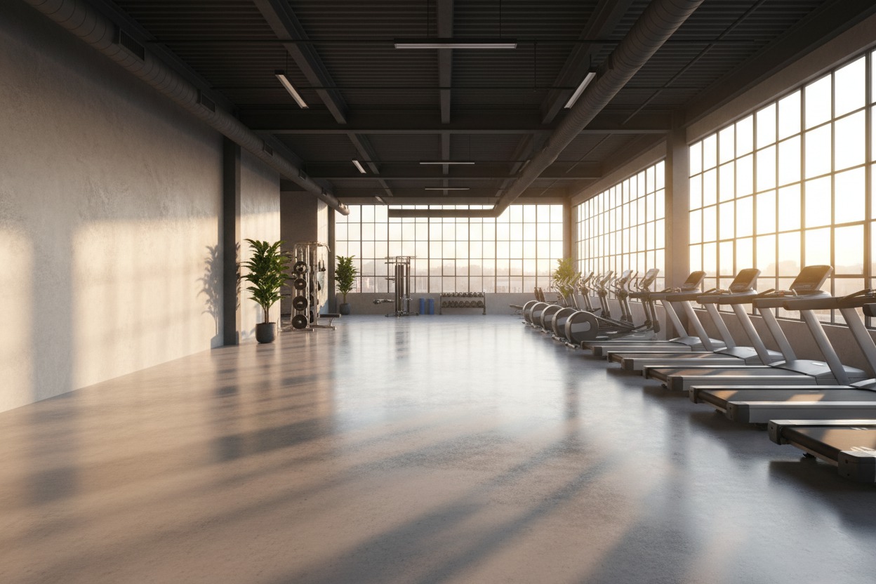 Panoramic view of a gym at sunrise, natural light pouring through floor-to-ceiling windows across empty equipment, generous open space on the left for headline text, clean industrial aesthetic