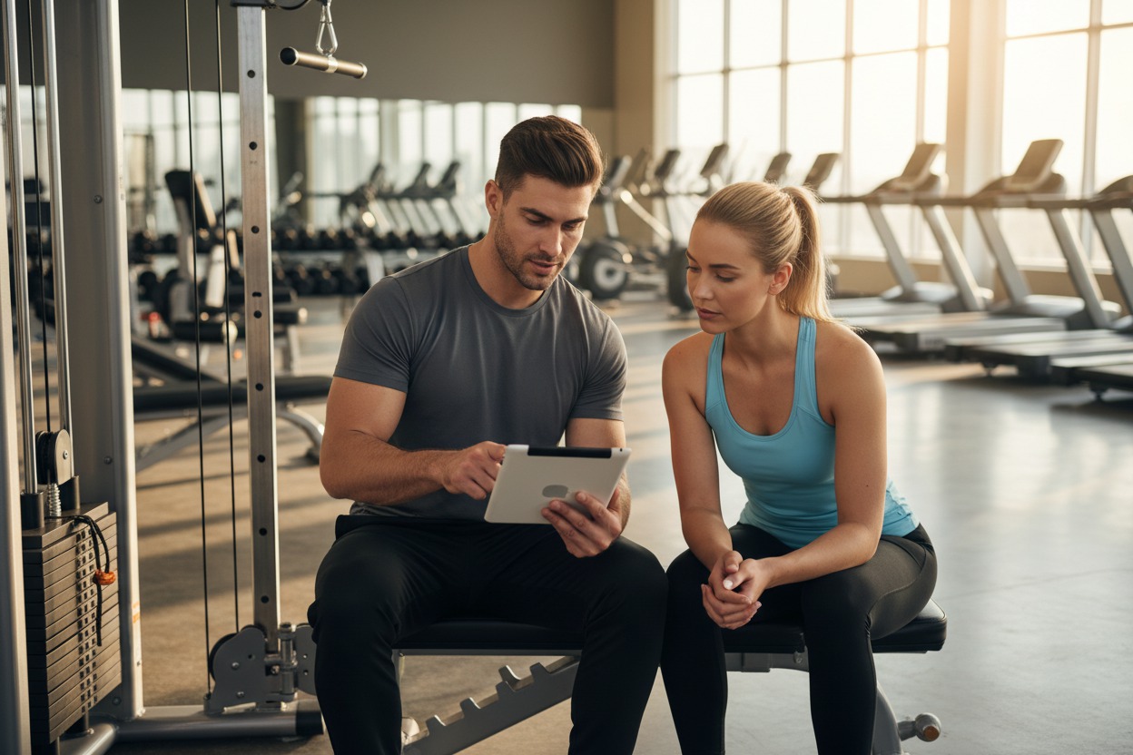 Personal trainer reviewing a client workout log on a tablet between sets, both seated on a bench beside a cable machine, bright gym floor in the background