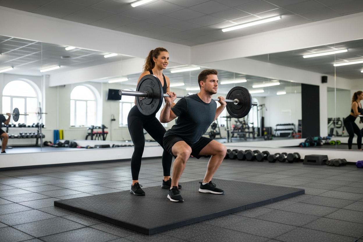 Personal trainer spotting a client doing barbell squats on a lifting platform, rubber flooring, mirrored wall, bright gym lighting
