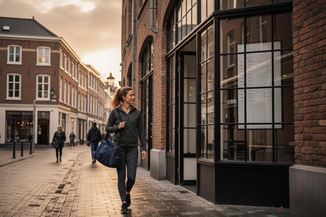 Street-level view of a boutique fitness studio on a pedestrian street, a class schedule posted in the window, a customer arriving with a gym bag, warm overcast afternoon light