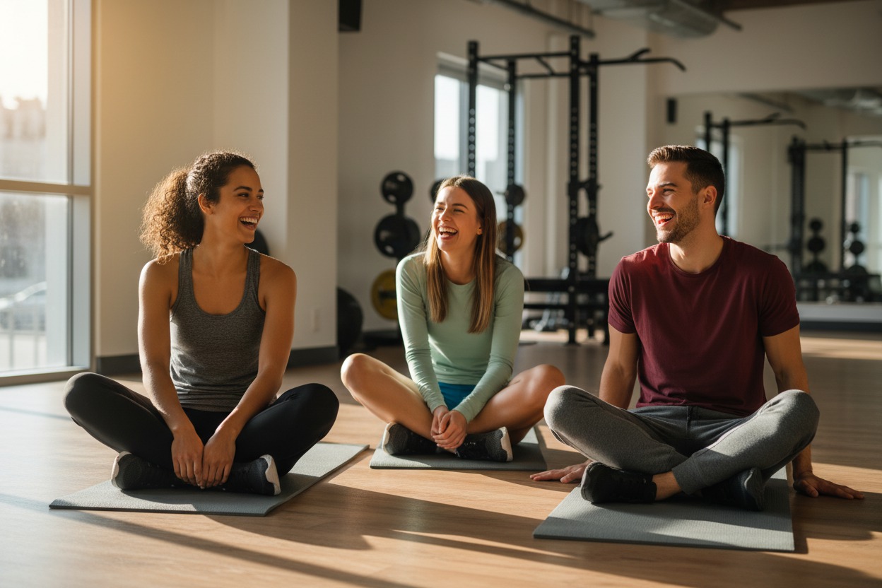 Three personal trainers laughing together in the stretching area during a quiet afternoon lull, sitting on mats, casual and genuine, sunlight from a side window