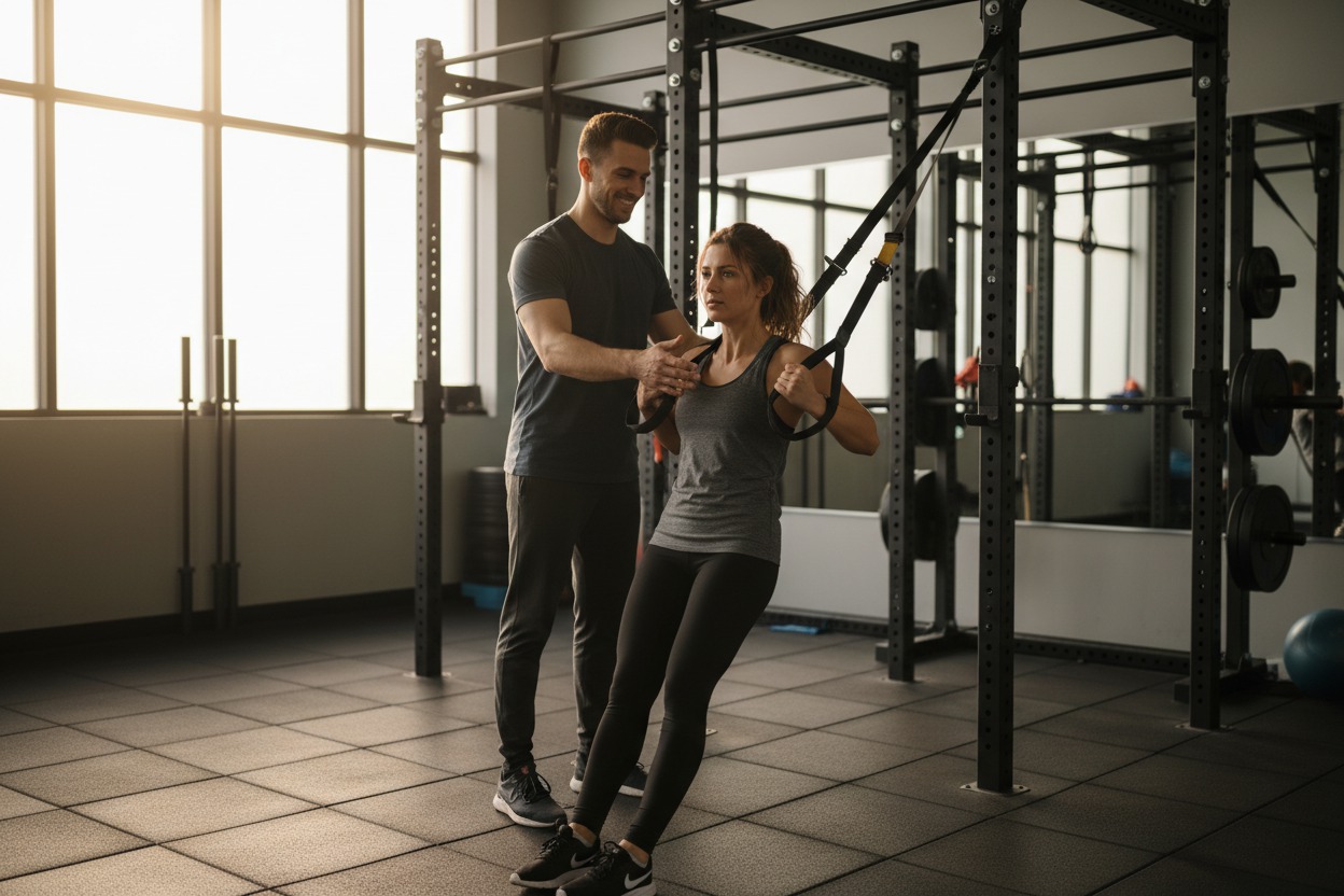 Trainer leading a client through TRX suspension rows, anchor point on a steel rig, rubber floor mats, natural light from high windows
