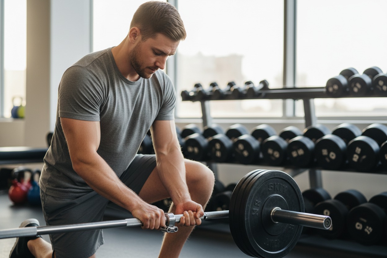 Trainer loading weight plates onto a barbell during a pre-session setup, clamp being tightened, focused preparation energy, bright gym light, equipment racks in the background