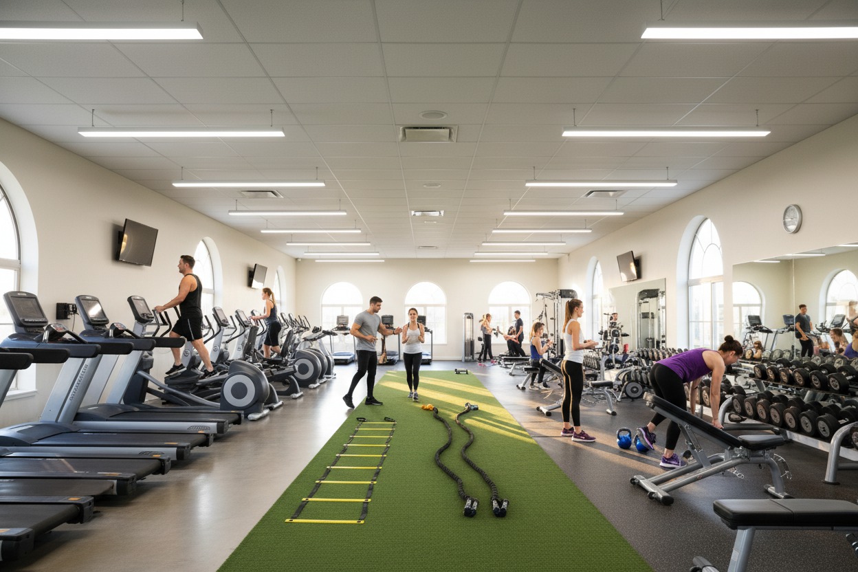 Wide-angle establishing shot of a full-service fitness center — cardio machines in rows on the left, free weights on the right, a functional training turf lane in the center, bright even overhead lighting