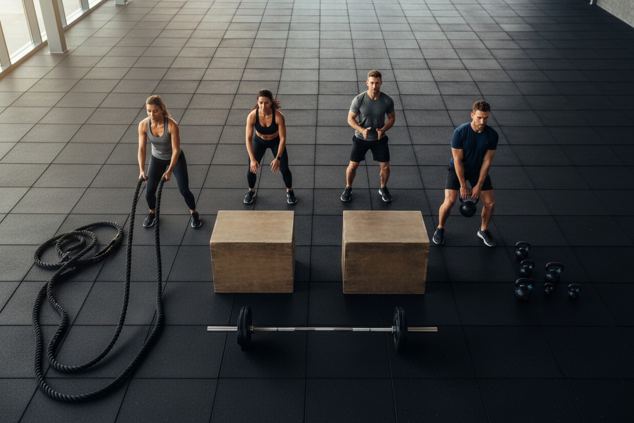 Wide overhead shot of a functional training floor with ropes, boxes, and a barbell centered below, upper half of the frame an uncluttered rubber floor surface providing natural text space